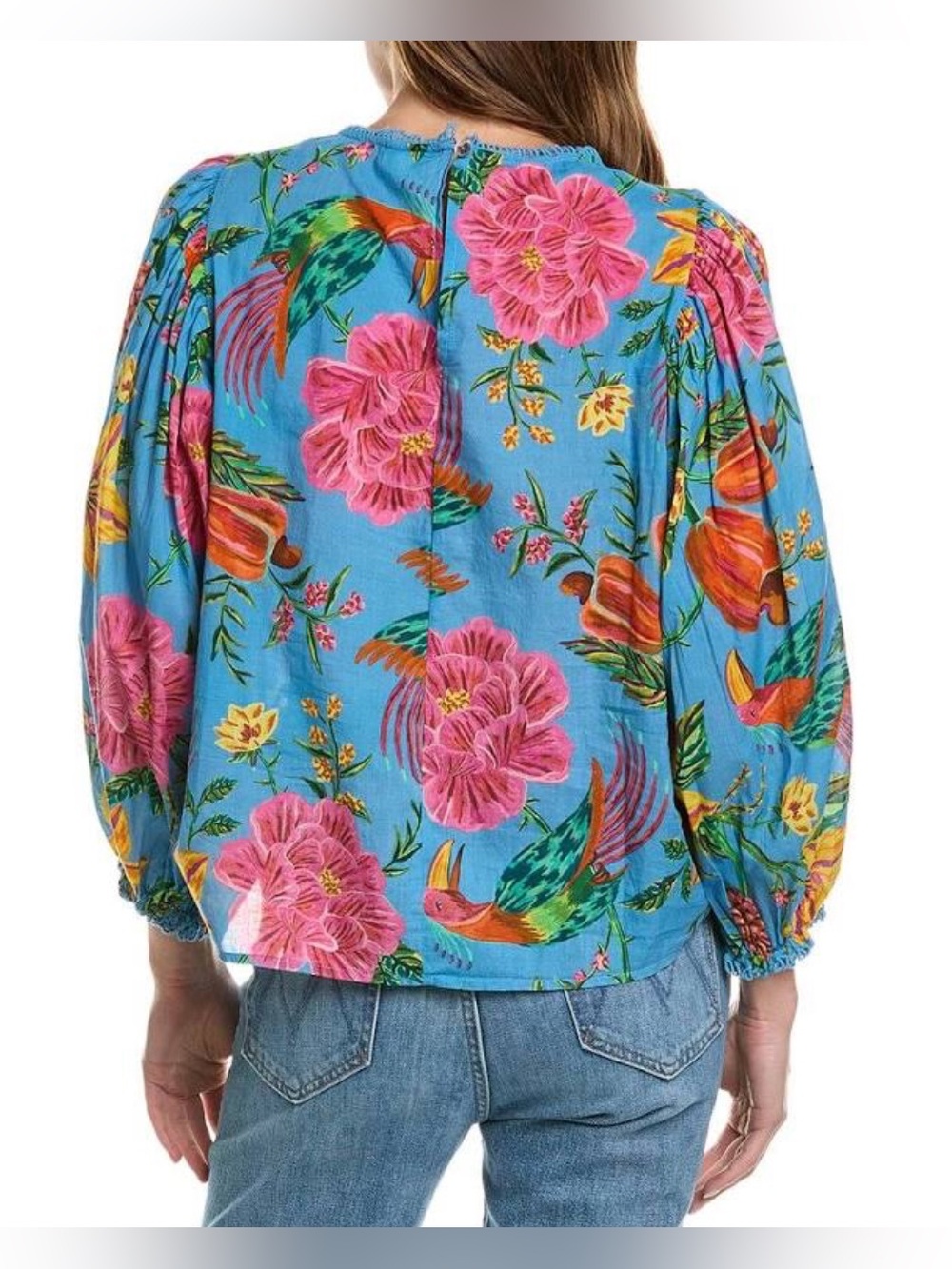 FARM Rio Blue Floral Lace-Trim Puff Sleeve Blouse - Picture 13 of 14